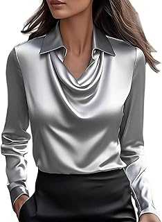 Women's Satin Shirt Elegant Cowl Neck Long Sleeve Slik Like Shirts Ladies Business Casual Office Work Tops A01
