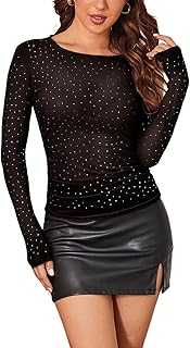 MAYFASEY Women's Sparkle Rhinestone Sheer Mesh Tops Crew Neck Long Sleeve Ruched Slim Fitted Tee Shirts