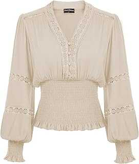 Scarlet Darkness Women's Renaissance Peasant Blouse V Neck Lantern Sleeve Lace Smocked Tops