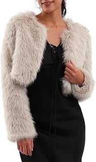 Amazhiyu Womens Faux Fur Coat, Winter Long Sleeve Jacket Crew Neck Open Front Outwear Plush Warm Cardigan