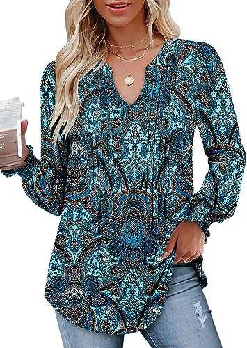 CHICZONE Womens Tunic Tops Puff Long Sleeve T-Shirt Pleated V Neck Blouse Shirts S-XXL