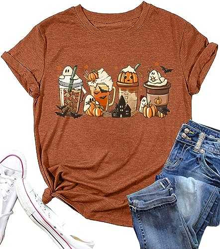 Pumpkin Coffee Shirt Women Funny Halloween Graphic Tee Shirt Thanksgiving Gifts Tops Fall Spooky Doodle T Shirt