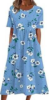 HOOUDO Women Summer Dresses Flowy Cotton Boho Dresses Cap Sleeve Square Neck Beach Dresses Vintage Plain Sun Dresses High Waist Shirt Dresses