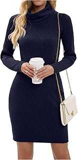 Imuedaen Women's Turtle Neck Jumper Dress Long Sleeve Knitted Dress Ribbed Cable Sweater Dress Knitted Jumper Slim Fit Knitwear Pullover for Autumn Winter