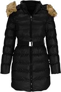 Zeiayuas Women's Hooded Winter Coat Waterproof Warm Long Puffer Jacket Parka Jacket with Belted Ladies Faux Fur Trim Hooded Jacket Puffer Quilted Long Sleeve Knee Length Outerwear UK