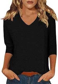 3/4 Sleeve Tops for Women UK Spring Fashion V Neck Going Out Shirt Blouse Plain Loose Casual Basic Tunic Tops