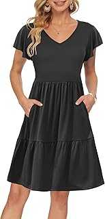 AUSELILY Women Summer Dress Ruffle Petal V-Neck Sundress Short Sleeve Casual Dress with Pockets
