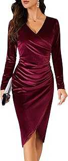 heekpek Womens Wrap Dress Long Sleeve Velvet Evening Dress Midi Elegant V Neck Ruched Bodycon Cocktail Party Dresses Autumn Winter Formal Dresses