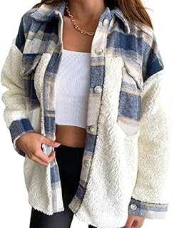 utcoco Women's Flannel Button Down Fleece Jacket Fall Fuzzy Plaid Blouse Jacket Winter Lightweight Coats