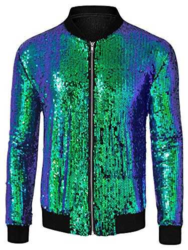 Lars Amadeus Men's Varsity Jacket Halloween Party Disco Shiny Sparkly Glitter Sequins Bomber Jacket