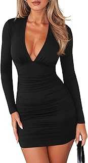 Navneet Women V Neck Mini Dress Ruched Long Sleeve Dress Low Cut Bodycon Dresses Sexy Party Dresses Cocktail Club Going Out