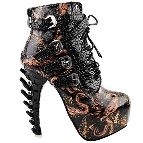 SHOW STORY Punk Black Snake Print Lace Up Buckle Bone Heels Platform Ankle Boots,LF80648