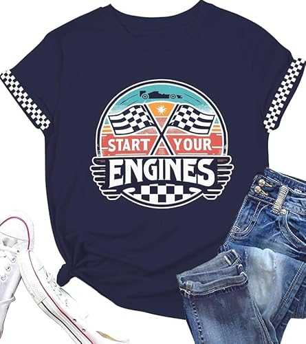Racing Shirt Women Vintage Checkered Flag Racing Shirts Start Your Engines Tshirt Raceday Casual Short Sleeve Tops