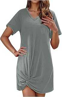 Summer Dresses for Women UK Beach Casual Dress Short Sleeve V Neck T-Shirt Dress Side Twisted Beachwear Cover Ups Plain Mini Sundress Sale Clearance Going Out Holiday Clothes