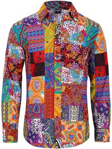 COSAVOROCK Mens Hippie Floral Shirts Long Sleeve Casual Funky Shirt