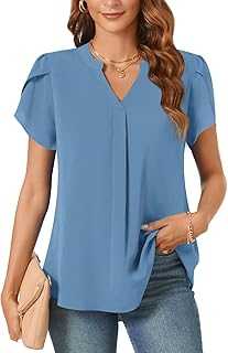 Aodemo Women's Summer Chiffon V Neck Blouses Tulip Short Sleeves Dressy Tunic Office Tops Casual Loose T-Shirts