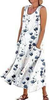 Women's 2024 Fashion Casual Sleeveless Vacation Round Neck Dresses Cotton Linen Print Flowy Dress with Pockets