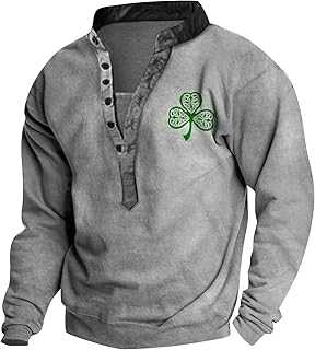 Long Sleeve T Shirts for Men UK,St Patricks Day Sweatshirt for Men Long Sleeve Shamrock Printed Pullover Tops Stand Collar 6 Button Henley T-Shirt