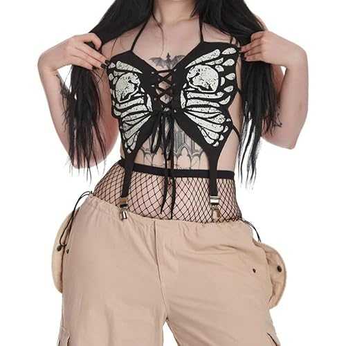 XINCHIA Womens Glitter Butterfly Halter Crop Tops Sexy V Neck Sleeveless Backless Rhinestone Harness Tank Tops Sparkly Cami Top Tank Night Club Glitter Vest Top for Rave Music Festival Beach Clubwear