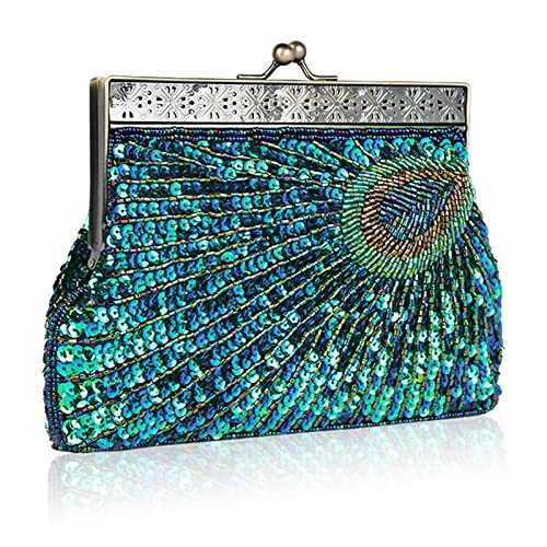 YYW Vintage Clutch Sequin Teal Peacock Unusual Antique Beaded Sequin Evening Handbag Women's Fashion Designer Elegant Purse