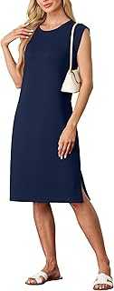 GRECERELLE Womens Summer Midi Dress 2025 Casual Crew Neck Shirt Dresses Elegant Wrinkle-Free Sleeveless Dresses for Women UK with Split and Pockets