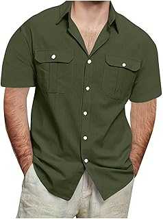 Generisch Men's Linen Short Sleeve Summer Shirt with Chest Pocket Stand-Up Collar Linen Breathable Quick Drying Basic T-Shirt Men's Organic Cotton