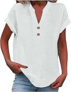 Tops for Women UK Cotton Linen Tshirt Short Sleeve Summer Tops Loose Ladies Summer Tops Button Up Linen Blouse V Neck Tees Tunic Top Pullover Plus Size Shirts Casual Boho Tops Activewear Sexy Clothes