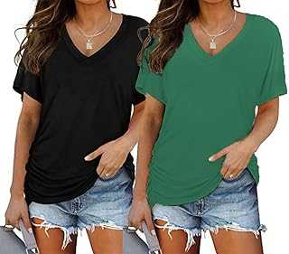 ELFIN 2 Pack Womens V Neck Dolman Tops Tshirts Short Sleeve Casual T-Shirt with Side Shirring Loose Blouse