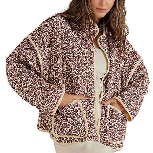 Omoone Women's Cropped Floral Quilted Jacket Cardigan Printed Lightweight Open Front Padded Puffer Coat