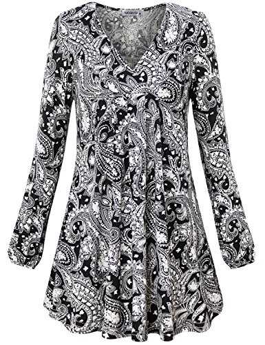 MOQIVGI Womens V Neck Printed Loose Fit Casual Blouse Top Tunic Shirt