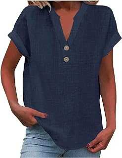 Baggy T Shirts For Women Uk Ladies Tops Size 14 Womens Short Sleeve Blouse V Neck Button Up Loose Tshirt Solid Color Woman Clothes Cotton Linen Pullover Tunic Blouses Daily Casual Womens Vest Tops