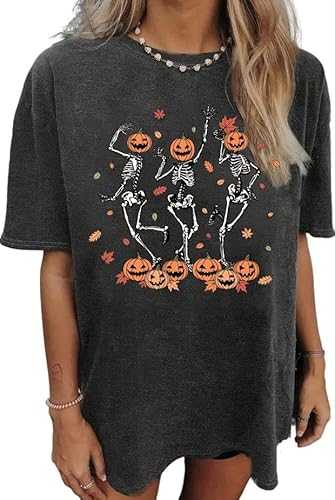 Halloween Oversized T-Shirt for Women Fall Spooky Skull Graphic Top Vintage Horror Dancing Skeleton Pumpkin Tee Girls Gift