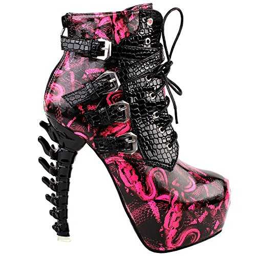 SHOW STORY Punk Black Snake Print Lace Up Buckle Bone Heels Platform Ankle Boots,LF80648