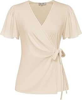 GRACE KARIN Women's Tops Ruffle Short Sleeve V-Neck Tie Wrap Tunic Tops Casual Loose Summer Blouses for Ladies
