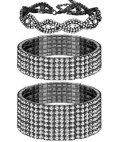 JeryWe 3 PCS Rhinestone Stretch Bracelets for Women Bridal Shinning Wedding Strand Tennis Bracelet Set Stackable Shinning Crystal Jewellry Silver/Gold/Rose Gold/Black-Tone