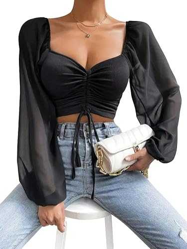 YJHLY Women'S T-Shirt Woman’S Tops Puff Sleeve Close-Fitting Summer And Spring Lace Up V-Neck Fashion Solid Color Simple Long