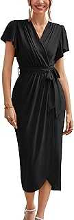 GRACE KARIN Women’s Dresses Ruffle Short Sleeve Ruched Wrap Summer Dress Bodycon Maxi Business Dress for Cocktail Wedding