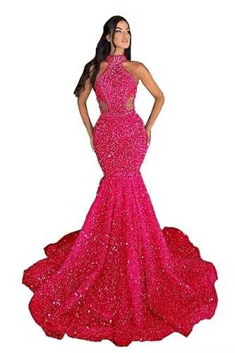 Mermaid Prom Dresses 2025 Long Sequin Sparkly Halter Beaded Sexy Sheer Evening Gowns Formal Party Dresses with Train