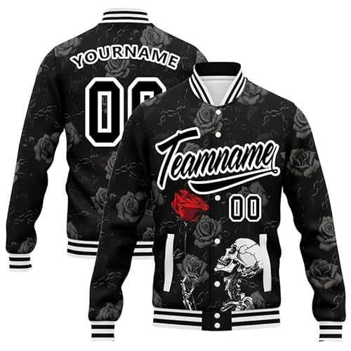 Personalised Skull Rose Varsity Jacket for Men Women Custom Name/Number Baseball Coat Gothic Streetwear Bomber Jacket