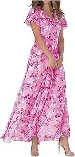 Women's Chiffon Floral Maxi Dress UK Ruffle Short Sleeves V Neck Vacation Beach Dress Ladies Casual Elegant Sundress Floral Print Flowy Boho Dresses Summer Wedding Guest Long Dresses