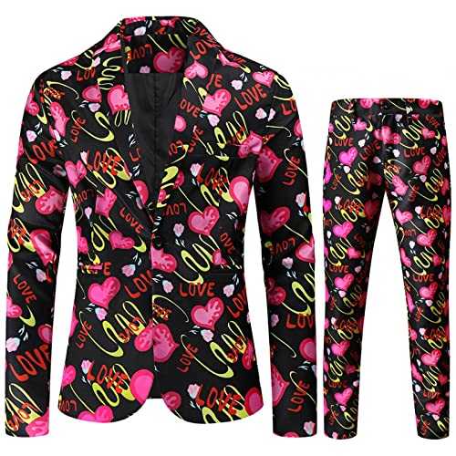 Men's Colorful Heart Print Suit, Retro Heart Pattern Blazer and Trousers Set, Men's Novelty Valentine's Day Suit, Men's Love-Themed Costume, Funky Multi-Coloured Heart Suit,Print Blazer and Pants