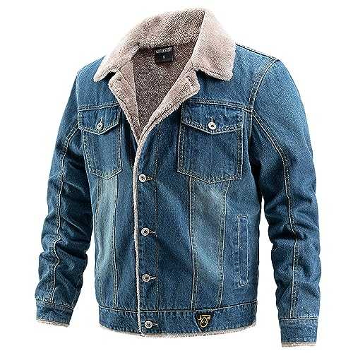 HAOLEI Men's Denim Jacket Fleece Winter Thick Warm Coat Sherpa Lined Outdoor Outwear Thicken Lamb Velvet Windbreaker Military Soft Jacket Fur Collar Turn Down Neck Bomber Jacket with Pockets
