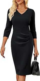GRACE KARIN Women's 3/4 Sleeve Business Casual Dress V Neck Solid Midi Bodycon Waist Wrap Dress