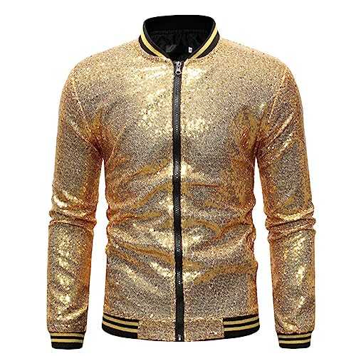 Caxndycing Bomber Jacket Men's Metallic Sequins Baseball Bomber Jacket 70s Disco Party Costume Sequins Glitter Carnival Costume for Wedding Party Festive Night Club