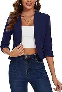MINTLIMIT Womens Cropped Blazer Collarless Suits & Blazers Open Front Jackets 3/4 Ruched Sleeves Outerwear Half Linen Cardigan