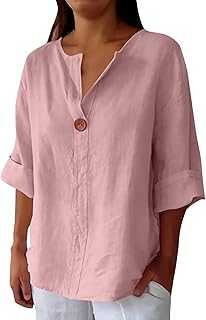 3/4 Sleeve Top Linen My Orders, Plus Size Cheesecloth Tops for Women UK Breathable Solid Color Ladies Short Sleeve Blouses Summer Vacation Beach Tunic T Shirts
