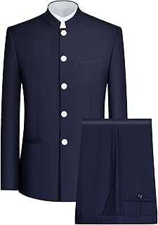 Men's 2 Piece Chinese Tunic Suit Mandarin Collar Blazer Set Trousers Jacket Button Down Traditional Uniform Wedding Dress