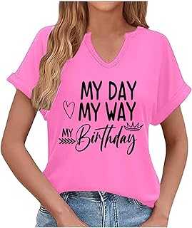 Women's Casual V-Neck Letter Print T-Shirt Short Sleeve Lightweight and Comfortable Summer Blouse Glitter Top Woman, Hot Pink, XL