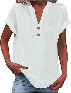 V Neck Button Up Loose Tshirt Solid Color Summer Blouses For Women Uk Womens Blouses Cotton Linen Pullover Tunic Blouses Daily Cotton Blouses For Women Uk Womens Plus Size Clothes Cotton Tshirts Women