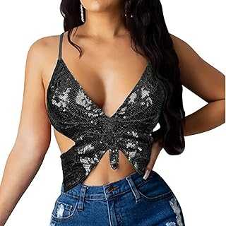 Belly Dance Crop Top for Women, Butterfly Sequin Halter Top Bandage Tank Top, Strappy Backless Tube Top Tank Sleeveless Vest Costume for Belly Dance, Latin Dance, Party Club